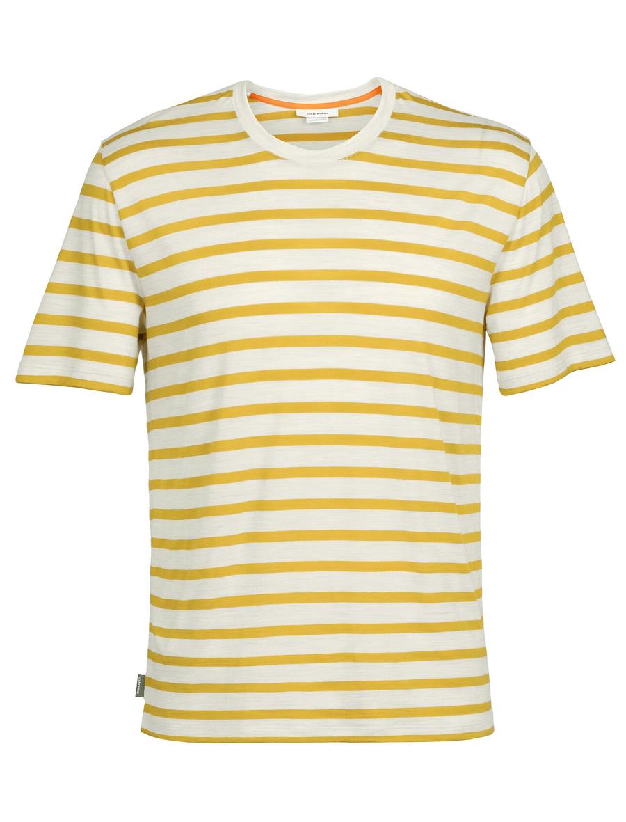 Men's Icebreaker Merino Drayden Short Sleeve Stripe T Shirts Ecru Heather / Silent Gold | CA 1762CTVE